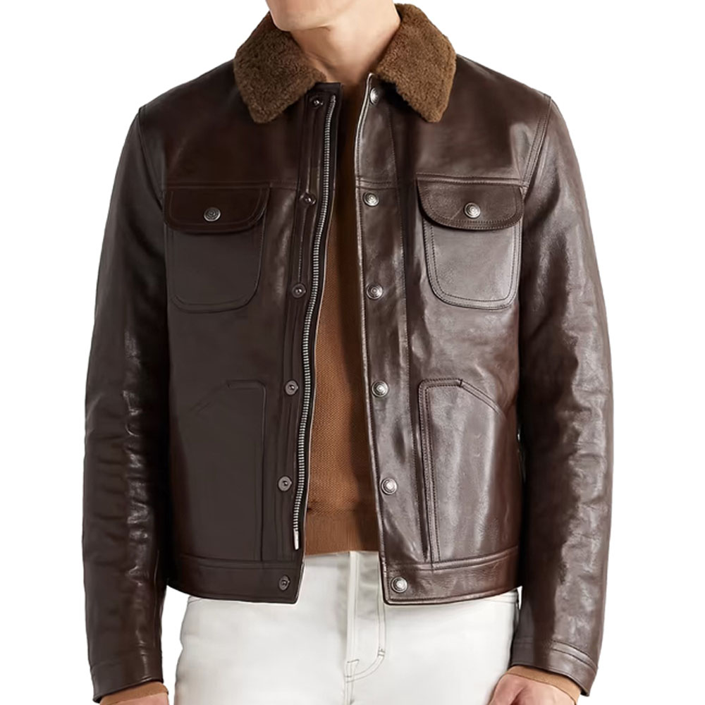 Shearling-Trimmed Leather Down Jacket