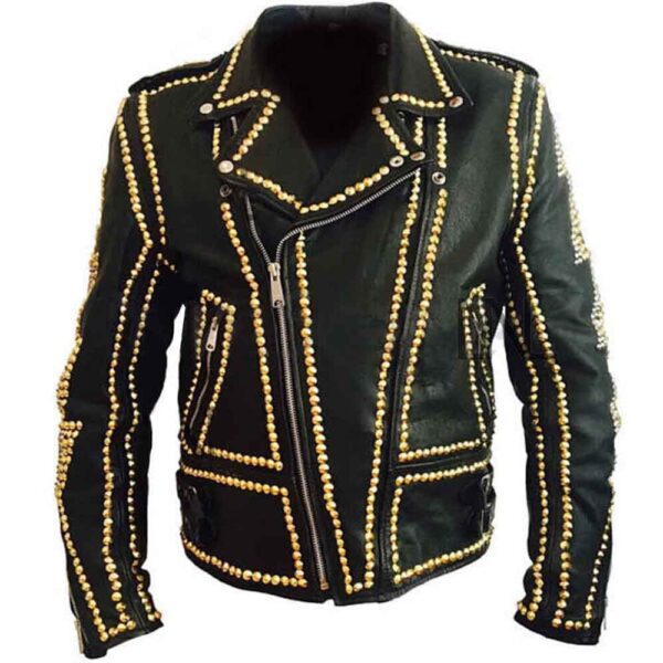 Mens Black Punk Gold Long Spiked Studded Leather Jacket