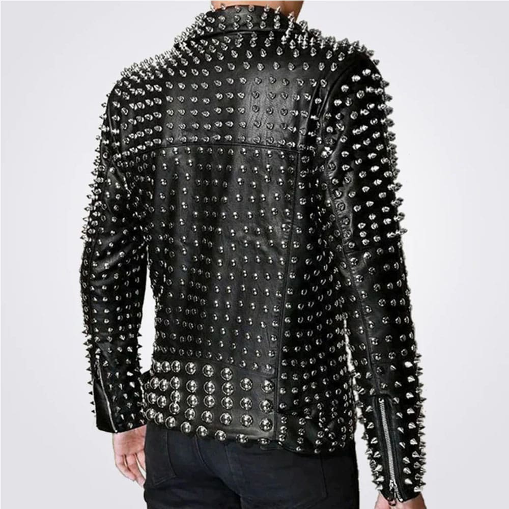 Men's Full Silver Studded Lambskin Leather Jacket for sale