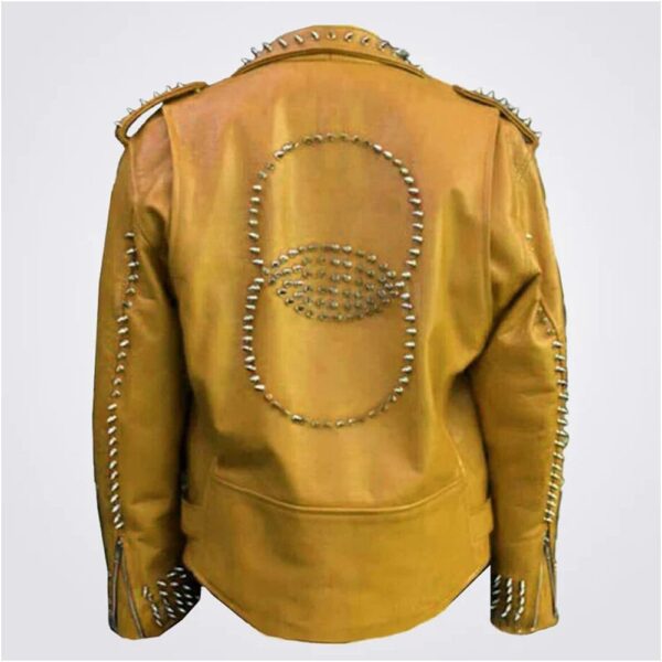 Men Orange Silver Spikes Biker Leather Jacket