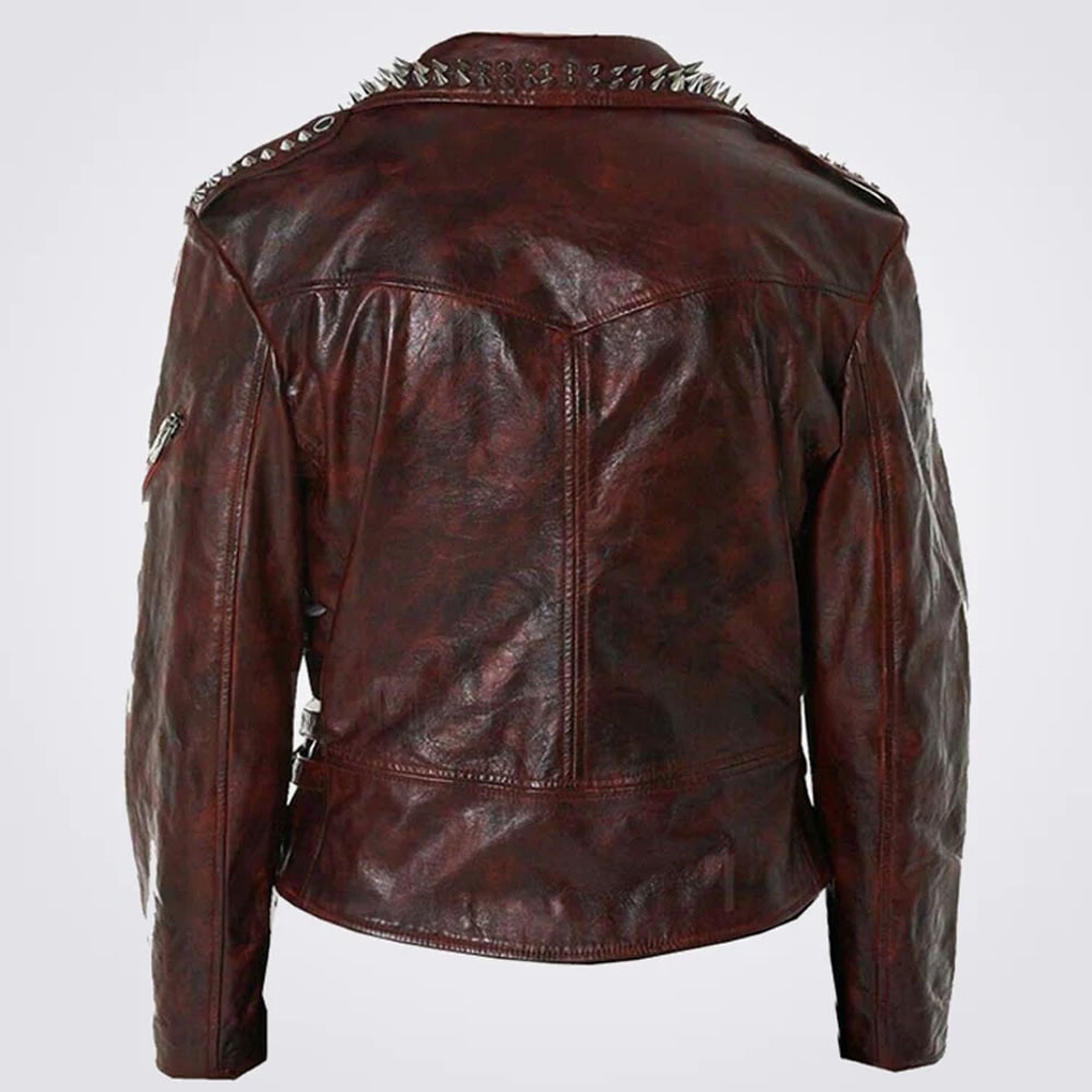 Red Waxed Punk Metallic Spiked Studded Zippered Leather Jacket