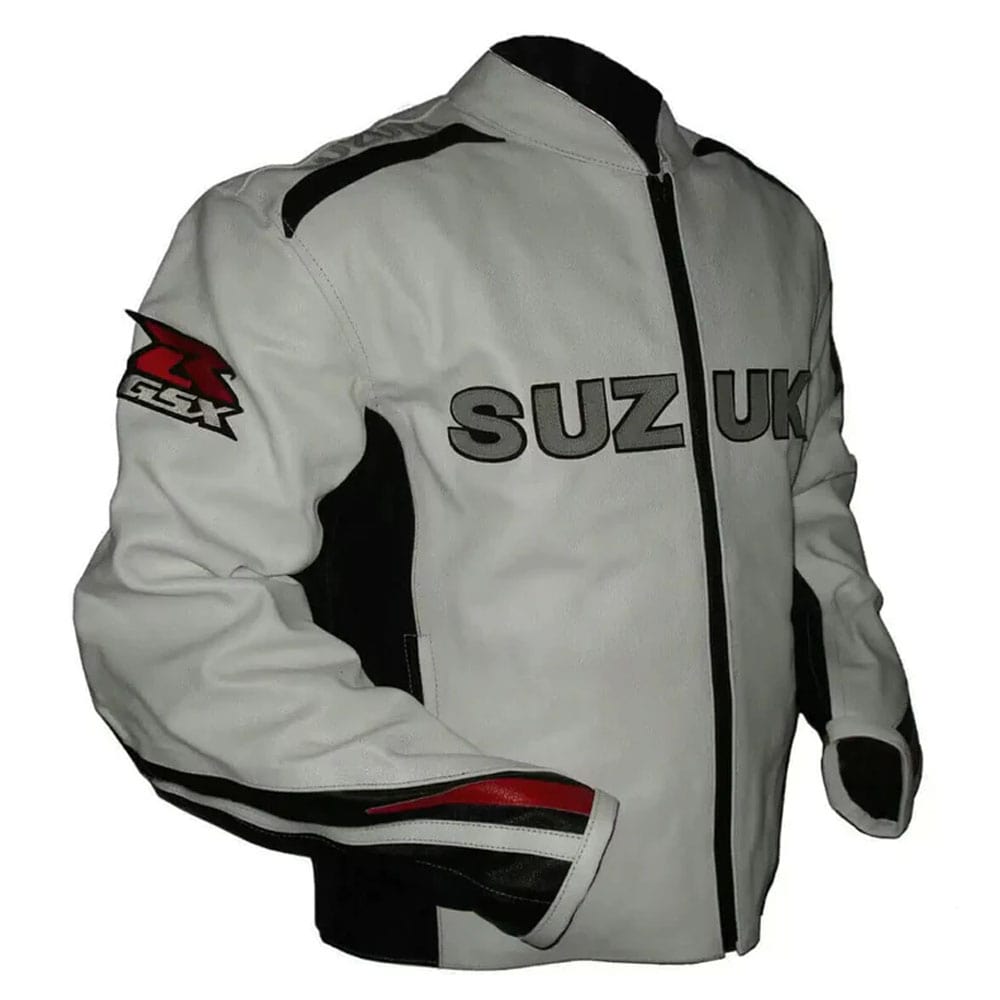 Suzuki White Leather Black Red Stripe Motorcycle Jacket