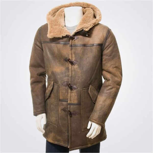 Brown Hooded Sheepskin Duffle Coat for Men