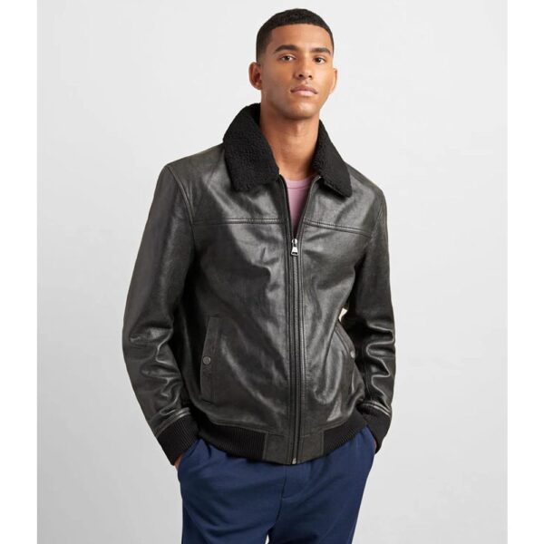 Leather Aviator Bomber With Detachable Faux Fur