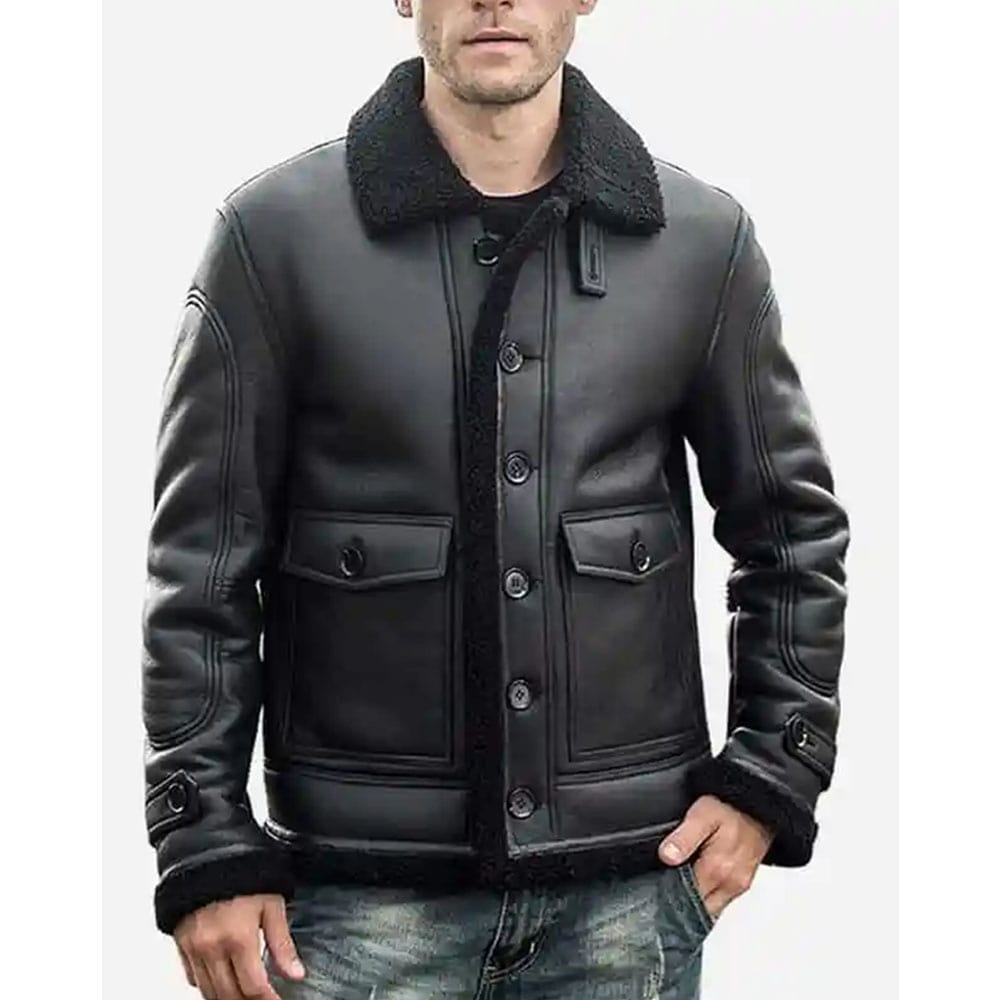 Mens Black Sheepskin Shearling Leather Jacket