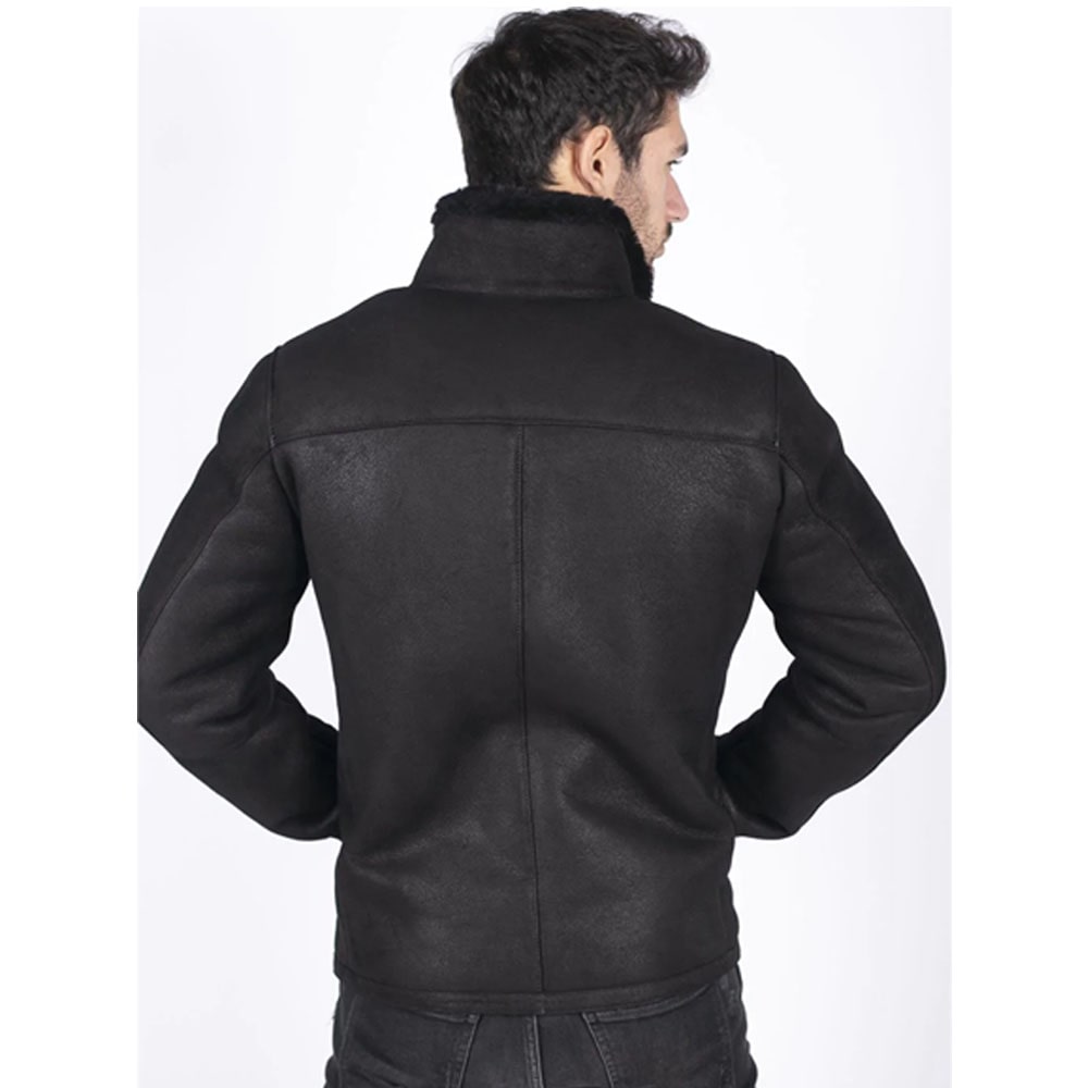 Mens Real Sheepskin Jacket Short Zipped Casual Retro Vintage Black Zipped