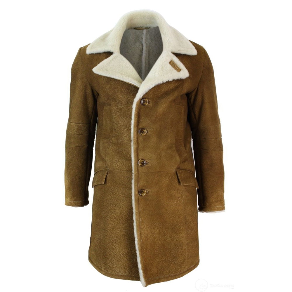 Mens Shearling Sheepskin Tan Brown 3-4 Overcoat Vintage Retro Winter Warm