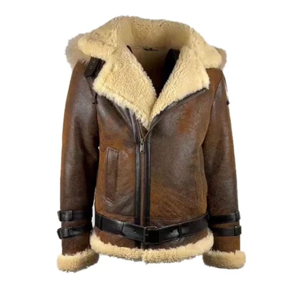 Rocco Vintage Distressed Brown Aviator bomber shearling jacket with hoodie