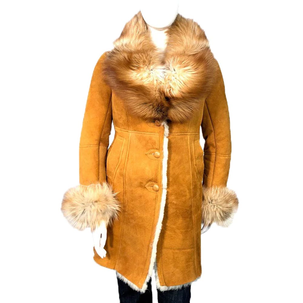 Women's Single-Breasted Sheepskin Trench Coat With Fox Fur Collar