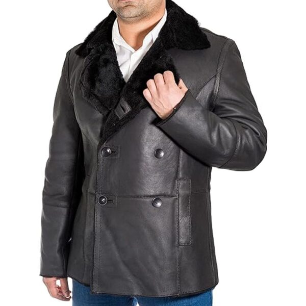 Real Shearling Sheepskin Double Breasted Trench Long Pea Coat