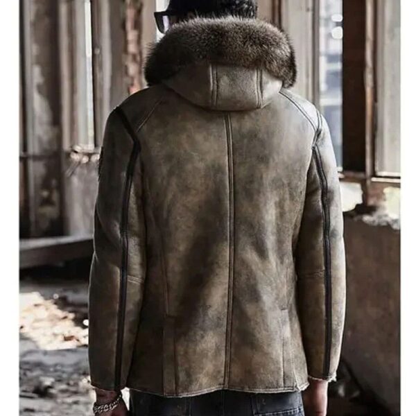 Mens Hooded Shearling Collar Leather Bomber Jacket