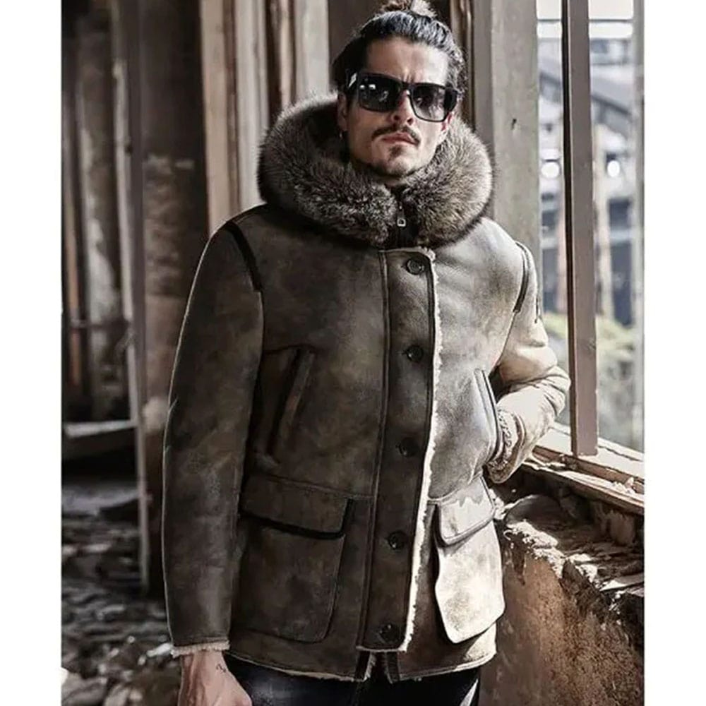 Mens Hooded Shearling Collar Leather Bomber Jacket