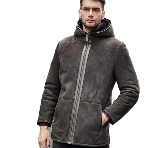Men Shearling Jacket Hooded Warm Winter Jacket Suede Mid-Length Sheepskin Coat