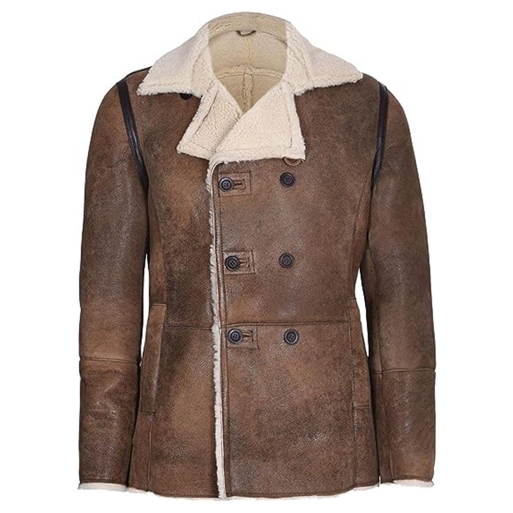 German Double Breasted Real Sheepskin Shearling Leather Jacket Coat