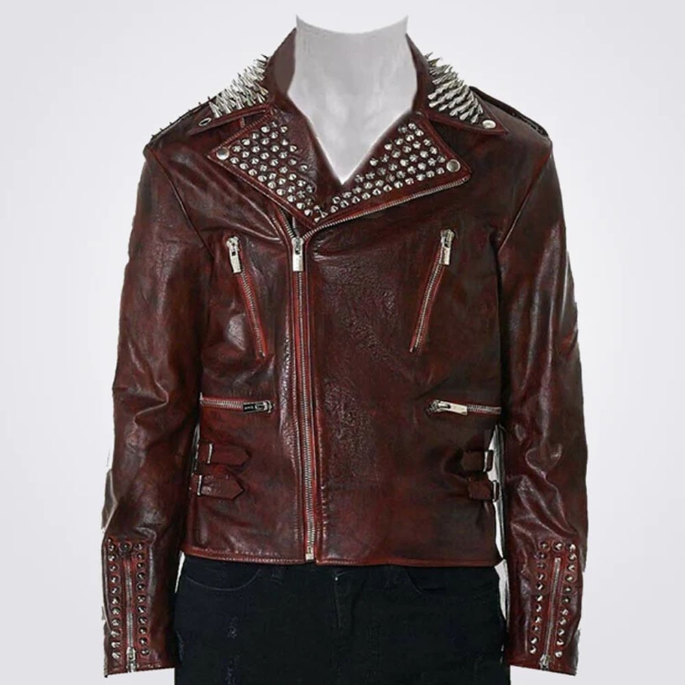 Men Full Red Waxed Punk Metallic Spiked Studded Zippered Leather Jacket