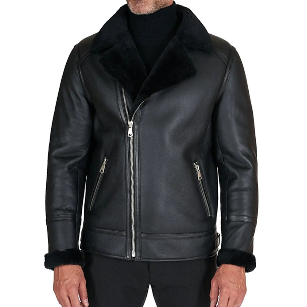 Black Shearling biker jacket with cross zipper