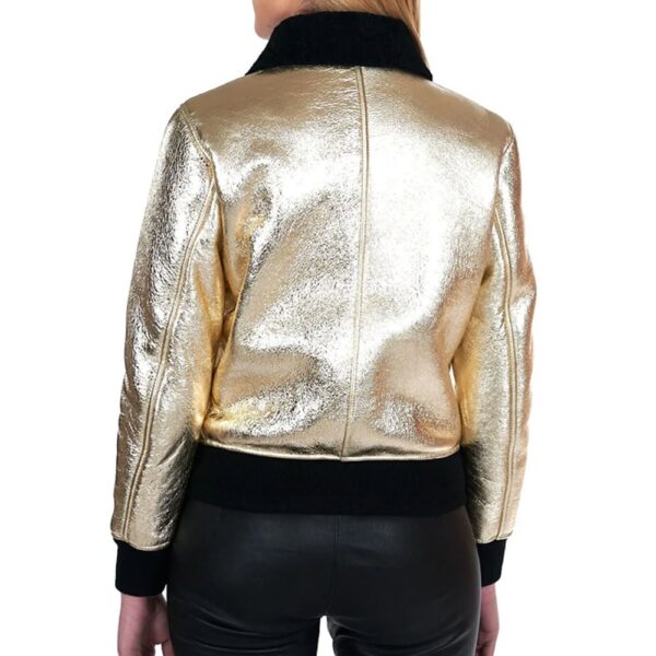 Gold laminated shearling bomber jacket