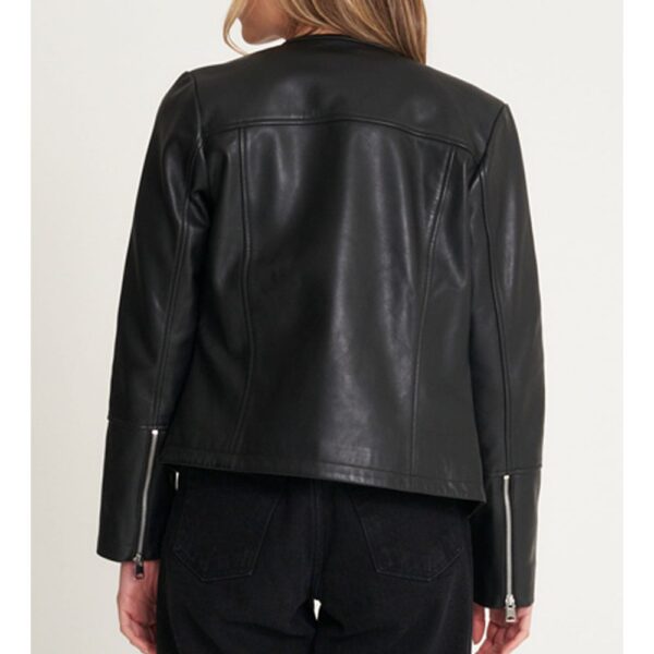 Collarless Leather Biker Jacket