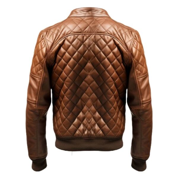 Men Quilted Bomber Leather Jacket With Golden Zipper