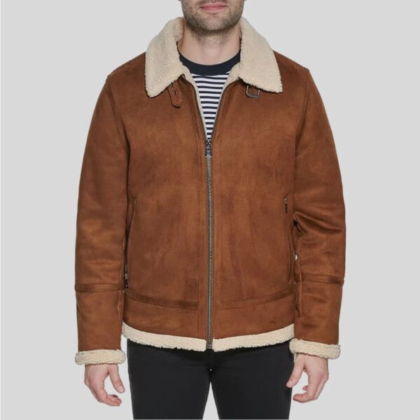 Men Suede Leather-Bomber Jacket With Shearling Lining