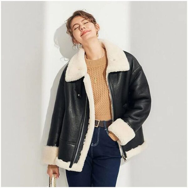 Womens Black Leather Shearling Coat with Lapel Collar