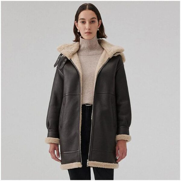 Womens Brown Sheepskin Shearling Coat Mid Length with Hood