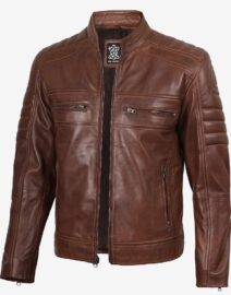 Austin Men Cafe Racer Cognac Brown Leather Jacket