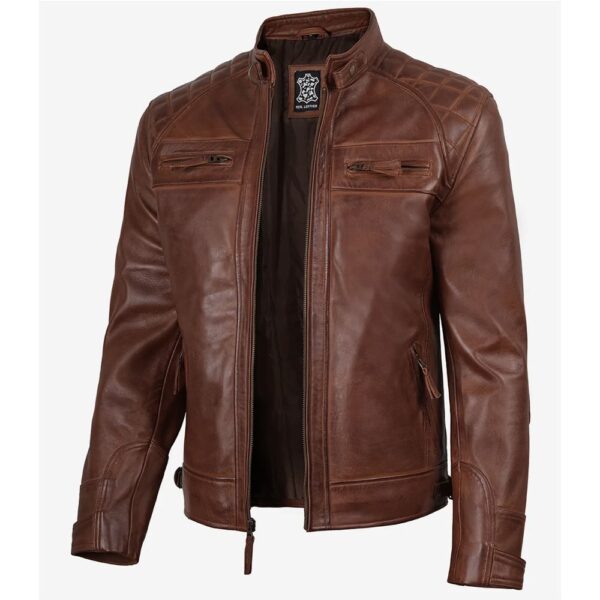Men’s Cognac Brown Quilted Leather Fashion Biker Jacket