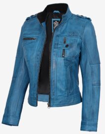Blue Leather Biker Jacket