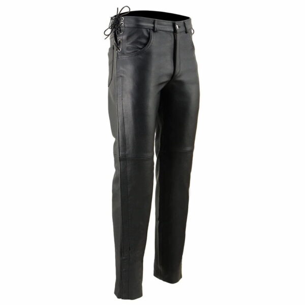 Men's Black Leather Deep Pocket Motorcycle Over Pants with Side Laces